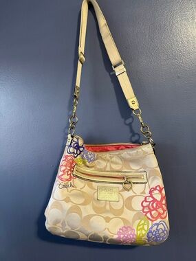 Coach Beige Floral Signature Canvas Shoulder Bag with Pink Accents